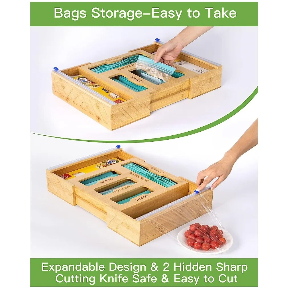 Uamector Ziplock Bag Organizer for Kitchen Drawer, 6 in 1 Aluminum Foil  Organizer and Plastic Wrap Dispenser with Cutter, Bamboo Bag Storage  Organizer